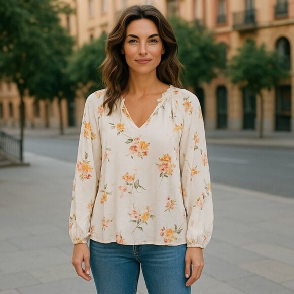 NWT - OLD NAVY Women's XL Ivory Floral Long Sleeve V-Neck Blouse #710 Boho Chic - Picture 1 of 5